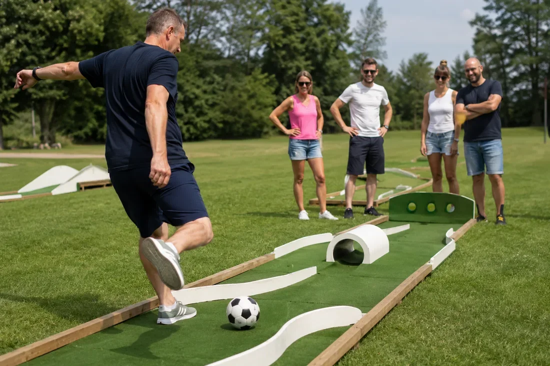 Fußball-Golf: Golf-Präzision mit dem Fuß, über mehrere Bahnen: für jedes Fitnesslevel.