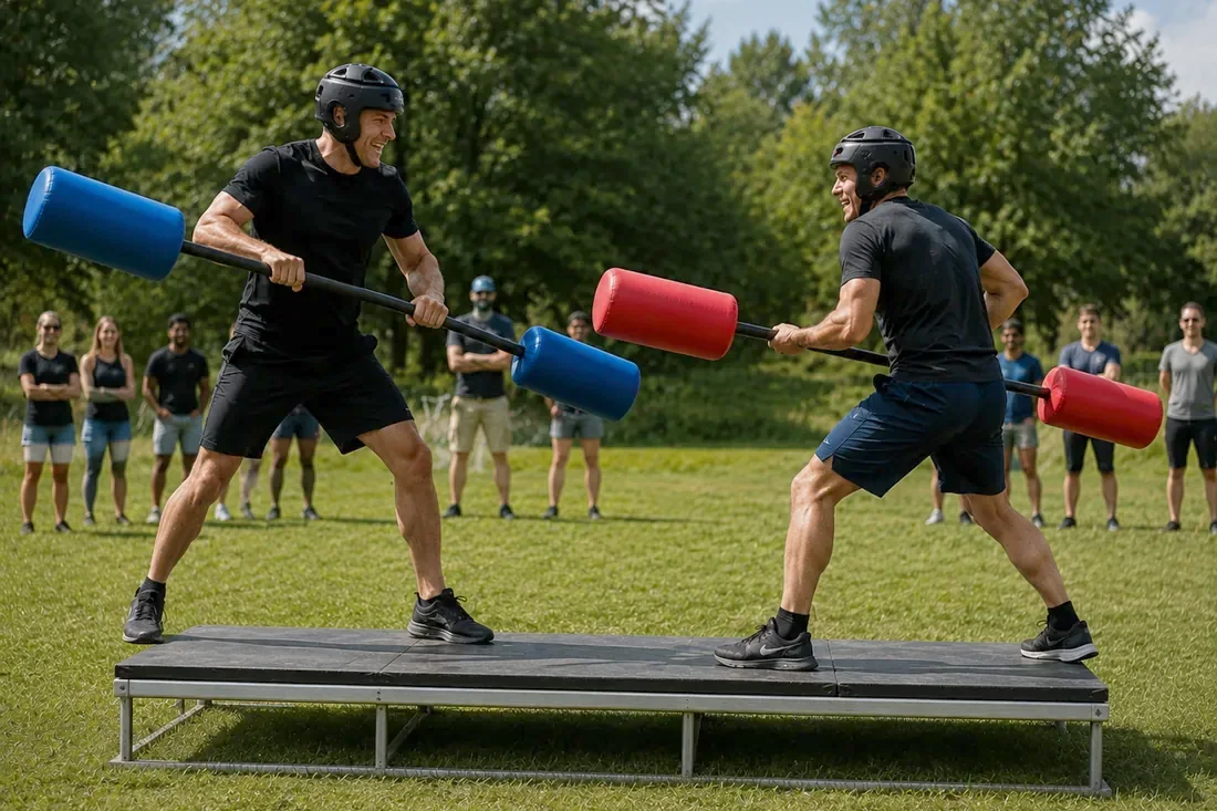 Gladiator-Duell: Zwei auf dem Podest, gepolsterte Stäbe: wer bleibt oben?